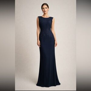 Tadashi Shoji Navy Myna Lace Gown NWT